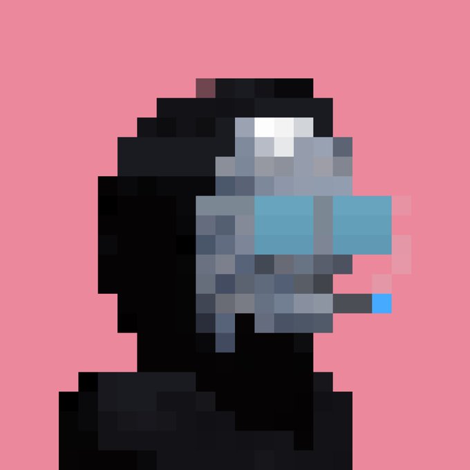 A pixel art portrait of a bearded man wearing dark sunglasses and smoking a cigarette, set against a pink background.