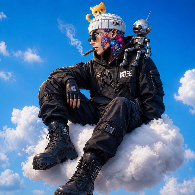 A stylized figure in black tactical gear with a colorful tattooed face, sunglasses, and a beanie sits on a cloud smoking a cigar, accompanied by a small dog on their head and a robot on their shoulder.