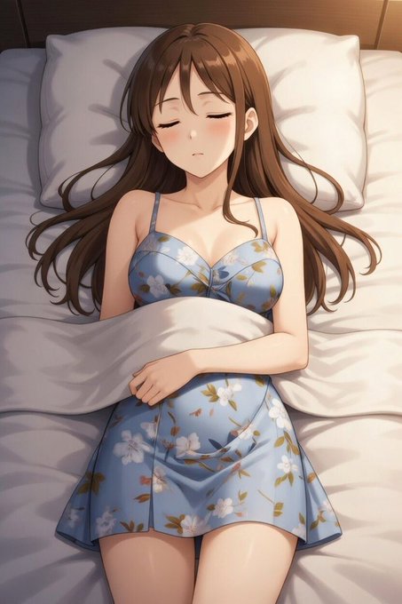 An anime-style illustration of a young woman with long brown hair sleeping peacefully on a bed with white sheets, wearing a blue floral-patterned nightgown.