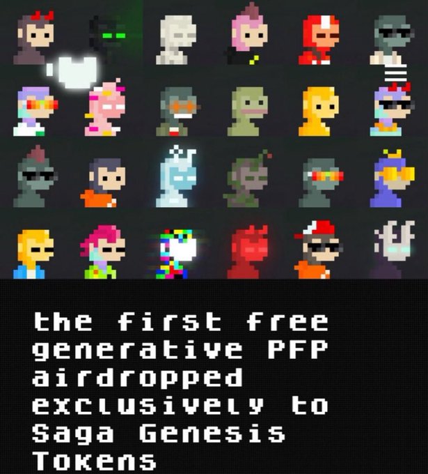 A promotional image for Saga Genesis Tokens displaying a grid of pixel-art character avatars and the text "the first free generative PFP airdropped exclusively to Saga Genesis Tokens."