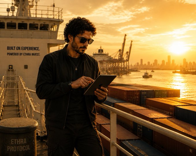 A man wearing sunglasses and a black jacket uses a tablet at a port with shipping containers and a city skyline at sunset, with text reading 'BUILT ON EXPERIENCE. POWERED BY ETHRA INVEST.' and 'ETHRA PROTOCOL'.