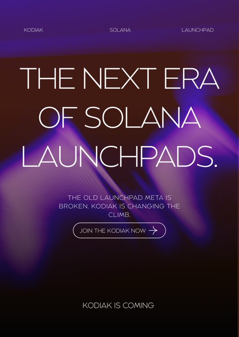 A promotional graphic with the text 'THE NEXT ERA OF SOLANA LAUNCHPADS' featuring 'KODIAK IS COMING', with navigation links for KODIAK, SOLANA, and LAUNCHPAD at the top and a 'JOIN THE KODIAK NOW' button.