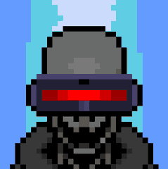 A pixel art illustration of a dark figure wearing a VR-style headset with a red visor.