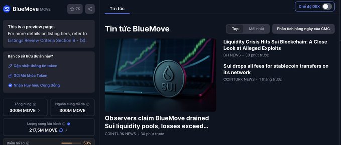 A BlueMove news page on the Sui blockchain, highlighting headlines about Sui's stablecoin transfers and concerns that BlueMove drained Sui liquidity pools, with 300M MOVE in total supply.