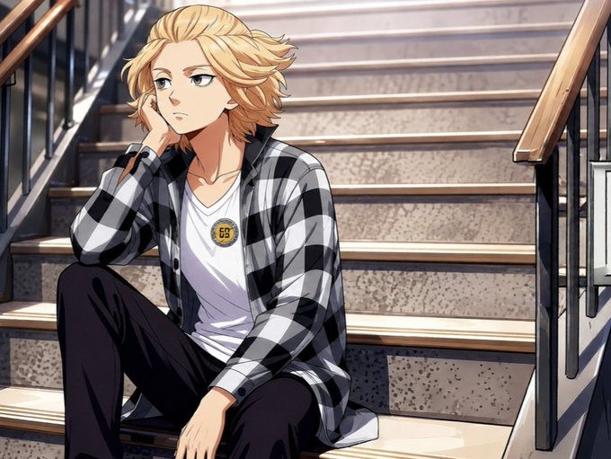 An anime-style illustration depicts a young person with messy blonde hair, wearing a black and white plaid shirt over a white t-shirt with a '65' badge, sitting thoughtfully on a staircase.