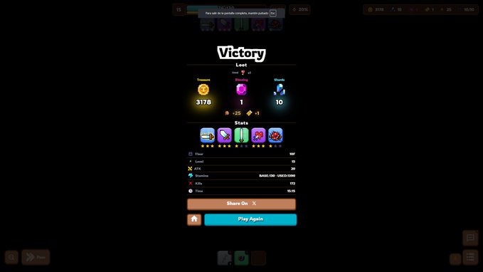 A video game victory screen showing 'Loot' rewards of 3178, 1, and 10 tokens, along with stats and buttons to 'Share On X' and 'Play Again' on a dark background.