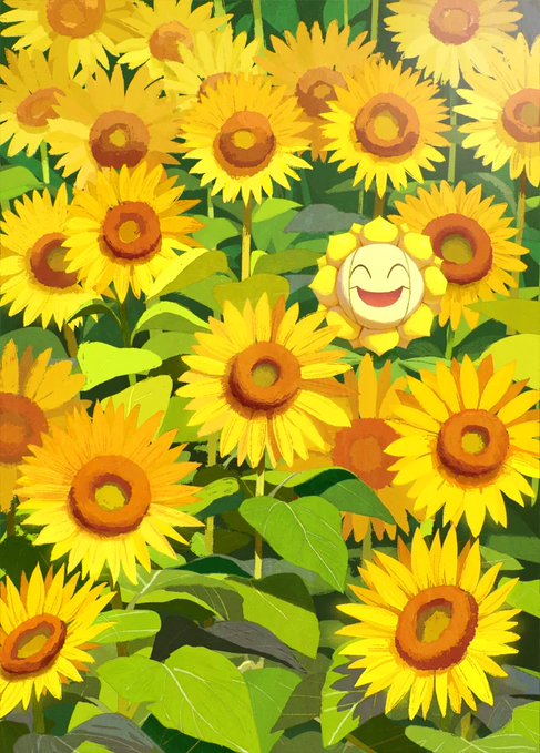 An illustrated painting of a sunflower field with bright yellow sunflowers and green leaves, featuring a small smiling cartoon sun face in the center.