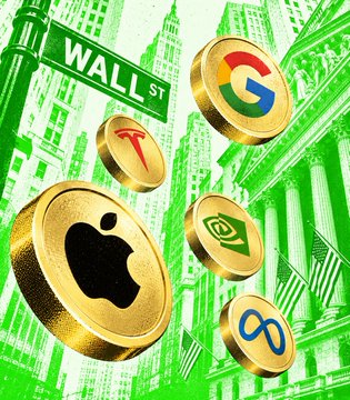 A promotional graphic with a green-tinted Wall Street background showing golden coins featuring logos of major tech companies: Google, Tesla, Apple, NVIDIA, and Meta.