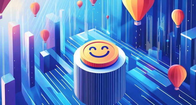 A digital illustration featuring a gold coin with a smiley face resting on a blue pedestal, surrounded by floating hot air balloons and abstract blue geometric structures.