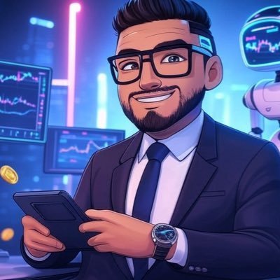 Cartoon illustration of a smiling businessman in glasses holding a tablet, with stock charts and a robot in a futuristic neon-lit background.