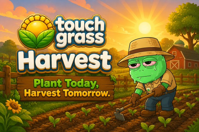 A colorful promotional graphic features a green cartoon character in farmer attire (straw hat and overalls) tilling soil in a sunlit field, with text reading "Touch Grass Harvest" and "Plant Today, Harvest Tomorrow." The imagery of farming and planting visually reinforces the post's announcement that "Planting Season begins" on August 1, symbolizing the project's next phase of growth and development.