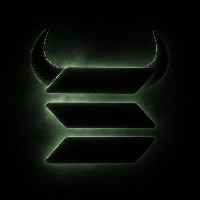 A stylized bull logo with glowing green accents appears on a dark background, evoking a meme-like aesthetic. The image ties into the post's joke that this icon is now more associated with crypto influencer $ANSEM than with Solana itself.