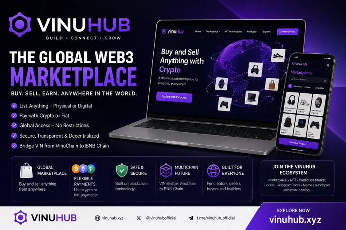 A promotional banner for 'VinuHub' describes it as 'THE GLOBAL WEB3 MARKETPLACE' where users can buy, sell, and earn anything with crypto, featuring laptop and mobile device mockups displaying the platform at vinuhub.xyz.