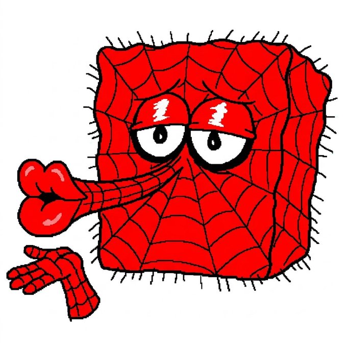 A cartoon image of a red, square, hairy character with a spider-web pattern on its body, featuring large expressive eyes and an outstretched arm giving a thumbs-up gesture.