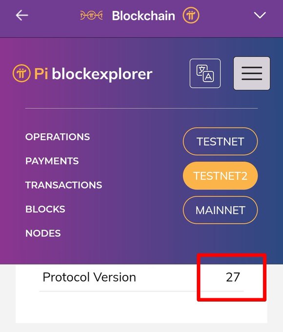 The image shows the Pi Network Blockchain blockexplorer screen with TESTNET2 selected, displaying a Protocol Version of 27, confirming the post's announcement of Pi Network Protocol 27's arrival as a major upgrade enabling smart contracts, AMM DEX functionality, and public RPC infrastructure for developers.