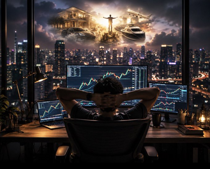 A person sits at a desk with their hands behind their head, viewing multiple screens displaying stock market charts and data, while imagining a vision of luxury above them: a mansion, sports car, private jet, yacht, and a Christ the Redeemer-like figure, set against a nighttime city skyline.
