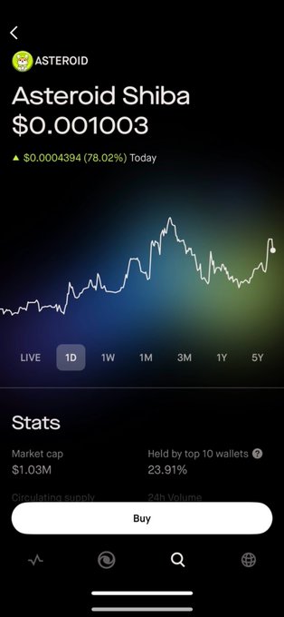 The image shows a Robinhood Wallet screen displaying the price chart for Asteroid Shiba ($ASTEROID) at $0.001003, up 78.02% ($0.0004394) today, with a $1.03M market cap and 23.91% held by top 10 wallets. It visually confirms the post's claim that $ASTEROID is currently trending on the Robinhood Wallet platform, highlighting the token's visibility to Robinhood's user base.