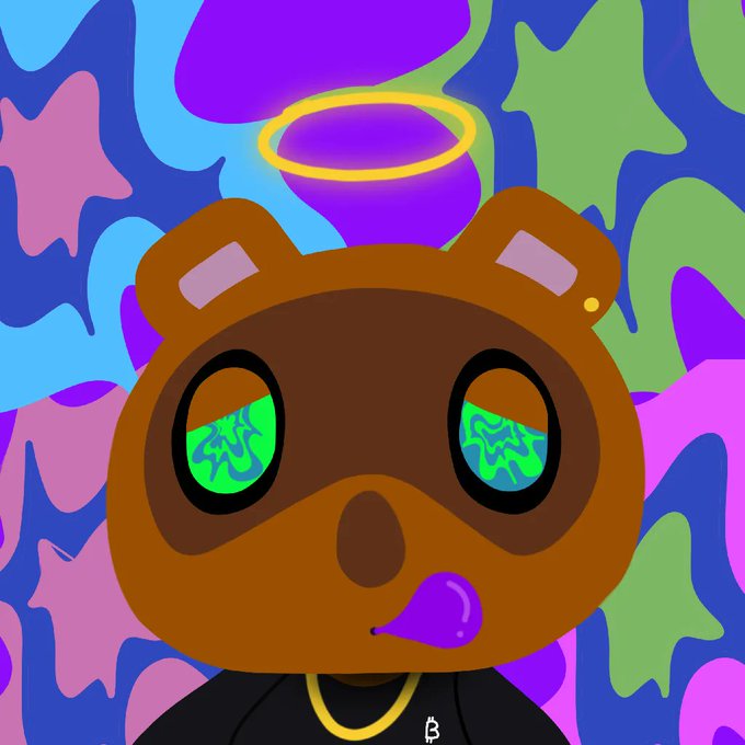 A digital illustration of a brown bear character with green eyes and a yellow halo, set against a colorful abstract background.