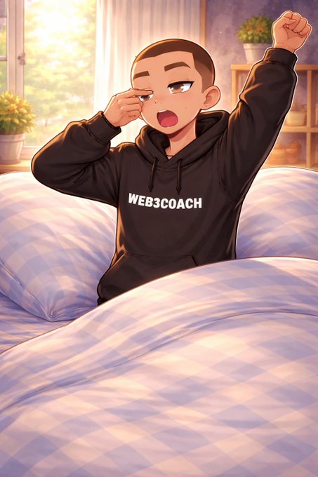 An anime-style illustration of a young man in a black 'WEB3COACH' hoodie sitting in bed, wiping his eye while stretching his other arm upward.