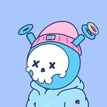 A cartoon illustration of a skull character wearing a blue hoodie and a pink helmet with a '33' logo, set against a light blue background.