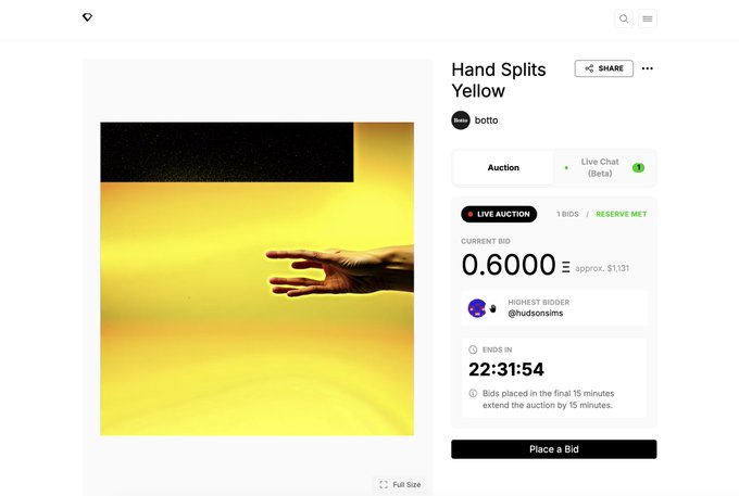 An NFT auction page for 'Hand Splits Yellow' by botto, showing a current bid of 0.6000 ETH (approx. $1,131), with @rudysonsims as the highest bidder and 22:31:54 remaining.