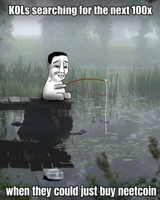 A meme showing a cartoon figure fishing in a misty pond, captioned 'KOLs searching for the next 100x' at the top and 'when they could just buy neetcoin' at the bottom.