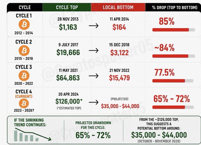 The image displays a table tracking Bitcoin's four market cycles, showing cycle tops, local bottoms, and percentage drops, with Cycle 1 (2012-2014) falling 85% from $1,163 to $164, Cycle 2 (2015-2018) dropping ~84% from $19,666 to $3,122, Cycle 3 (2020-2022) declining 77.5% from $64,863 to $15,479, and the current Cycle 4 (2023-2026?) projecting a 65%-72% correction from an estimated ~$126,000 top to a potential bottom of $35,000-$44,000 by October-November 2026, illustrating a trend of shrinking drawdowns that suggests a milder but still significant correction.