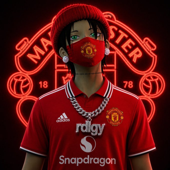 A 3D-rendered character wearing a red Manchester United jersey with Snapdragon sponsorship, a matching face mask, and a red beanie, set against a neon red Manchester United crest backdrop.