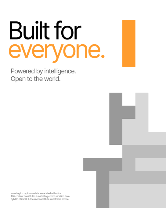 A minimalist Bybit EU GmbH advertisement with the tagline "Built for everyone." and "Powered by intelligence. Open to the world.", including a disclaimer that investing in crypto-assets is associated with risks and the content is not investment advice.