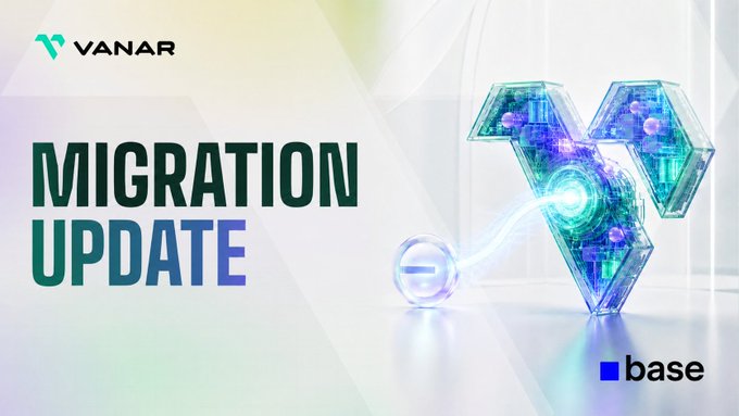 The image features a "MIGRATION UPDATE" announcement from Vanar (VANRY), displaying a glowing futuristic "V" logo with a base logo on the right side, visually representing the ongoing VANRY token migration to Base. The design conveys a high-tech transition process that aligns with the post's message about coordinating with CEXs to ensure a smooth token swap for holders.