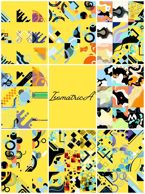 The image features a collection of 24 different art pieces, each with unique designs and colors. The artworks are arranged in four rows and six columns against a yellow background. The text "Isomatrica A" is written at the top left corner of the image, indicating that these artworks are part of an Isomatrix project or collection. The post also mentions that the artworks were created by @Isomatrix_art and that they have been shared on Twitter for 24 hours to follow.