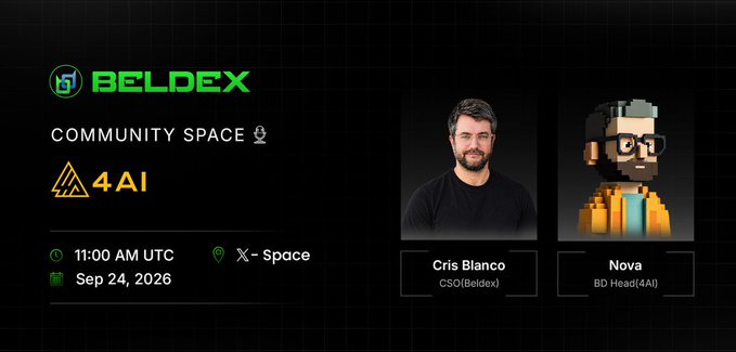 A promotional banner for a BELDEX Community Space X-Space event featuring Cris Blanco (CSO of Beldex) and Nova (BD Head of 4AI) on September 24, 2026.