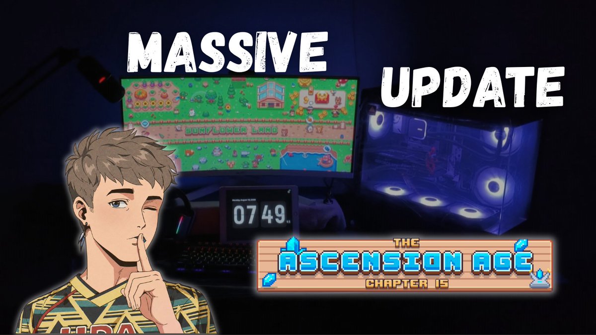 A YouTube thumbnail featuring an anime-style character with a finger to his lips, beside a computer setup and text reading 'MASSIVE UPDATE' and 'THE ASCENSION AGE CHAPTER 15'.