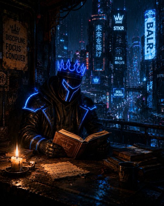 A cyberpunk-style digital artwork depicts a masked figure with a glowing blue neon crown reading a book at a desk, with a futuristic cityscape and signs reading "STKR," "BALR," and "SKILL STACKER" in the background.