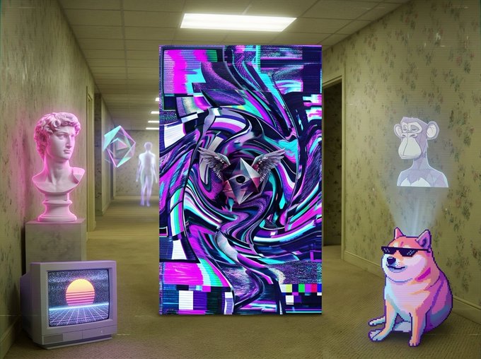 A surreal digital artwork depicts a vaporwave-style hallway featuring a neon David bust, a glitch-art doorway, a monkey hologram, and a Shiba Inu dog wearing sunglasses.