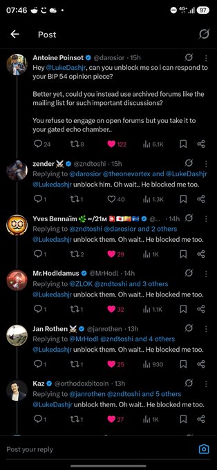 The image shows a Twitter/X thread where Antoine Poinsot publicly asks @LukeDashjr to unblock him on BIP 54, only to be followed by a chain of users—@zndtoshi, @21m, @MrHodl, @jannothen, and @orthodoxbitcoin—each replying to confirm that Luke has blocked them too. It serves as a visual answer to the question of what happens when you disagree with Luke, demonstrating a pattern of mass blocking.