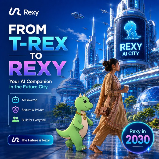 A promotional image for 'Rexy' AI companion featuring the tagline 'FROM T-REX TO REXY - Your AI Companion in the Future City,' with a green dinosaur mascot and a woman in a futuristic 'REXY AI CITY' setting.