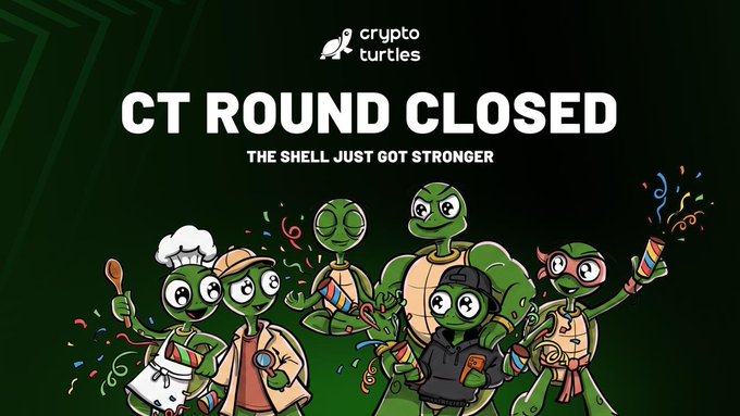 A promotional graphic for 'Crypto Turtles' announcing 'CT ROUND CLOSED - THE SHELL JUST GOT STRONGER' featuring cartoon turtle characters in various costumes celebrating with confetti.