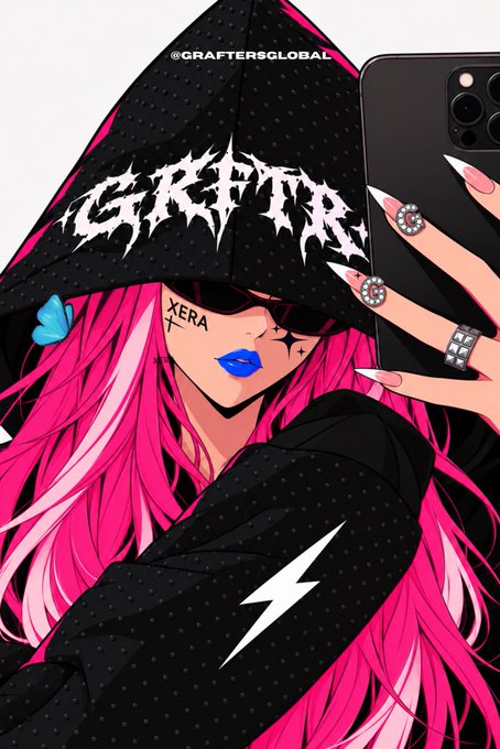 Digital artwork featuring a stylized character with pink hair, sunglasses, and blue lipstick wearing a black hat displaying the word 'GRAFHITE' alongside the handle @GRAFTERSGLOBAL.