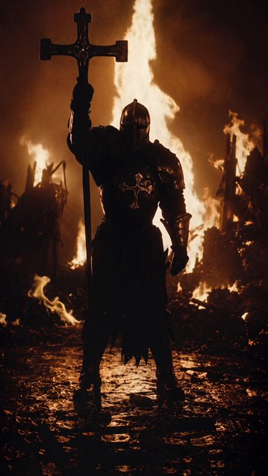 A dark, dramatic silhouette of an armored knight holding a large cross aloft, standing amidst the glowing orange flames and smoke of a fiery battlefield.
