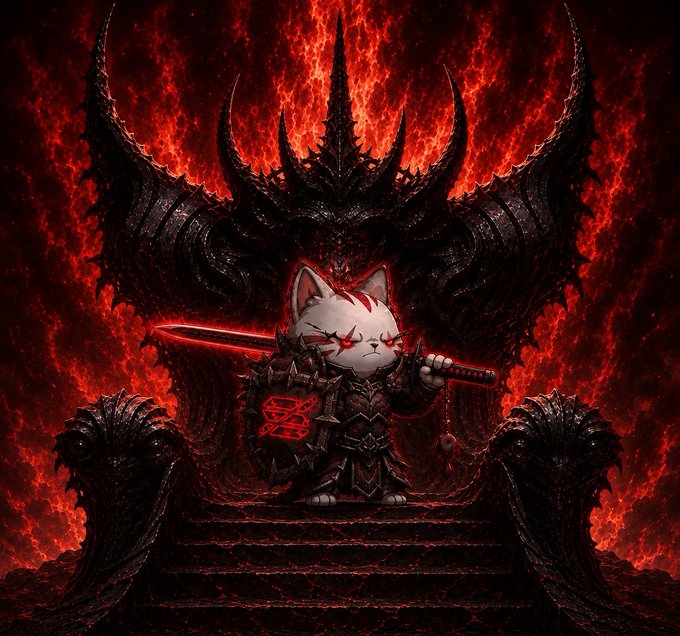 A cute white cat wielding a glowing red sword stands menacingly atop a dark throne, with a fiery, demonic armor-clad figure looming behind it. The image contrasts adorable and menacing elements, fitting the playful yet aggressive tone of a "good morning" post with an "/attack" command.