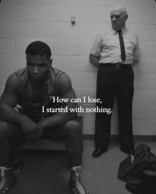 A black-and-white photo shows a young Muhammad Ali sitting in a locker room with an older man standing behind him, accompanied by the text 'How can I lose, I started with nothing.'