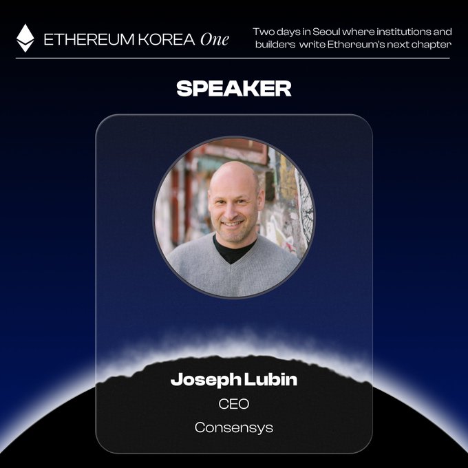 Speaker announcement for 'ETHEREUM KOREA One' featuring Joseph Lubin, CEO of Consys (Consensys), a balding man in a gray sweater.
