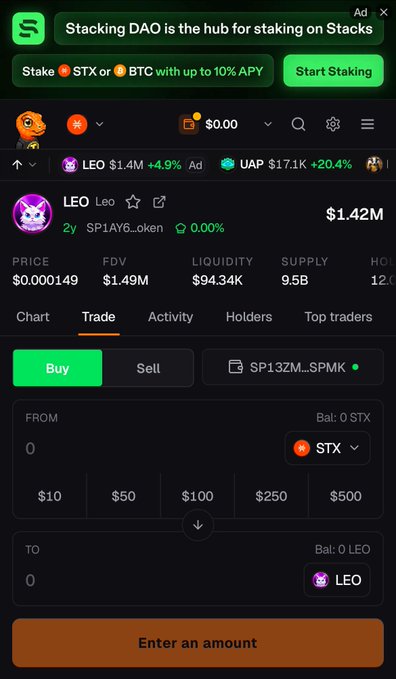 A cryptocurrency trading interface showing the LEO token with a price of $0.000149, market cap of $1.42M, and an advertisement for Stacking DAO.