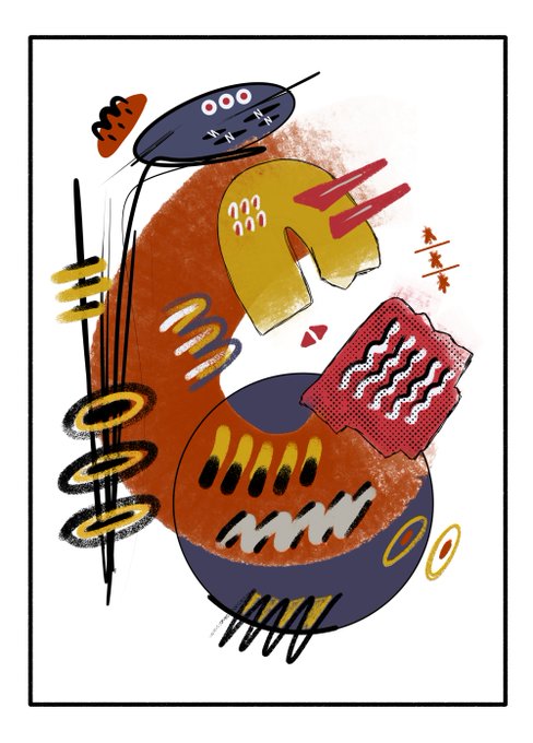 The image is an abstract, vibrant artwork titled "Rhythm of the Unspoken," featuring a chaotic composition of geometric shapes, squiggles, and bold colors including orange, yellow, blue, and red, evoking a sense of musical rhythm through visual elements. A post indicates that 7 out of 10 editions of this NFT on the objkt.com platform remain available for 10 tezos each.