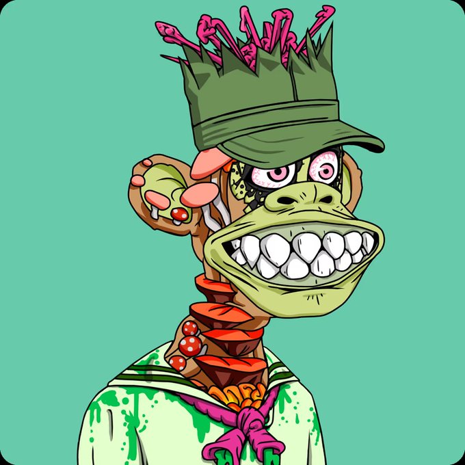 A cartoon illustration of a zombie-like ape character wearing a green military cap with pink elements, featuring a stitched-up mouth and a small monkey perched on its shoulder against a teal background.