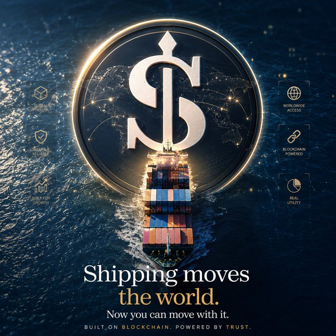 An aerial view of a container ship sailing across the ocean is overlaid with a large gold "S" dollar symbol and the tagline "Shipping moves the world. Now you can move with it." along with feature icons for Global Trade, Secure & Reliable, Built for Growth, Worldwide Access, Blockchain Powered, and Real Utility, promoting EthraShip's blockchain-based shipping tokenization platform. The image visually reinforces the post's message about bringing real-world shipping businesses onchain as tangible RWA infrastructure beyond mere hype.