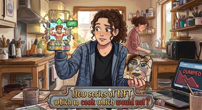 A cartoon-style illustration shows a curly-haired person in a kitchen holding an NFT card labeled "UP!" and a cracked tile depicting a downcast face, with a laptop displaying a downward "DUMPED" stock chart in the background. The banner reads "New series of NFT: Which w cook which would not?" visually introducing the poster's new series about reviewing which NFTs will succeed versus fail.