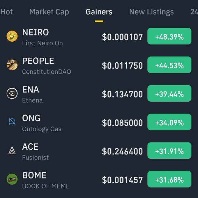 A cryptocurrency exchange 'Gainers' list showing NEIRO ($0.000107, +48.39%), PEOPLE ($0.011750, +44.53%), ENA ($0.134700, +39.44%), ONG ($0.085000, +34.09%), ACE ($0.246400, +31.91%), and BOME ($0.001457, +31.68%).