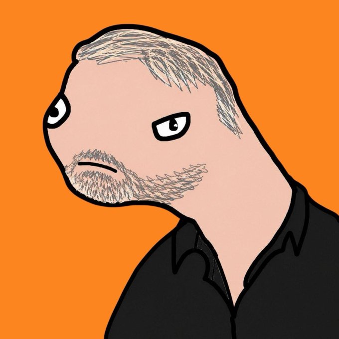 The image features a cartoon depiction of a man with a beard wearing a black shirt, giving him an angry or grumpy expression. The man's face is drawn in a sketchy style, making his facial features stand out against the orange background. The caption below the image reads "Micheal Saylor said never sell your Bitcoin. Then he dumped millions of BTC yesterday. He'S not Michael Saylor. He'S Macro Seller. New name unlocked. $SELLER 8Qg53gzFcm7WHs45MAJWvFzs7UokFfnsYi5qisTXpump".
